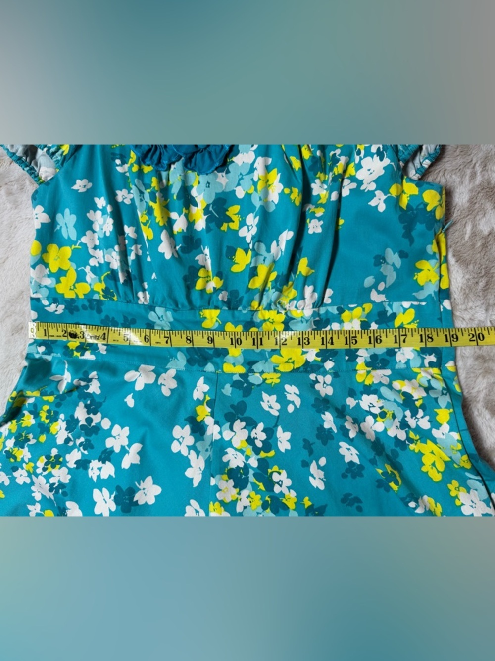eshakti Teal Floral Puff Sleeve Dress w/Pockets & Fabric Flowers at Neckline 1X - Picture 6 of 12